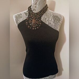 White House Black Market Gorgeous Black Halter Top Beaded Crochet Design Sz XS